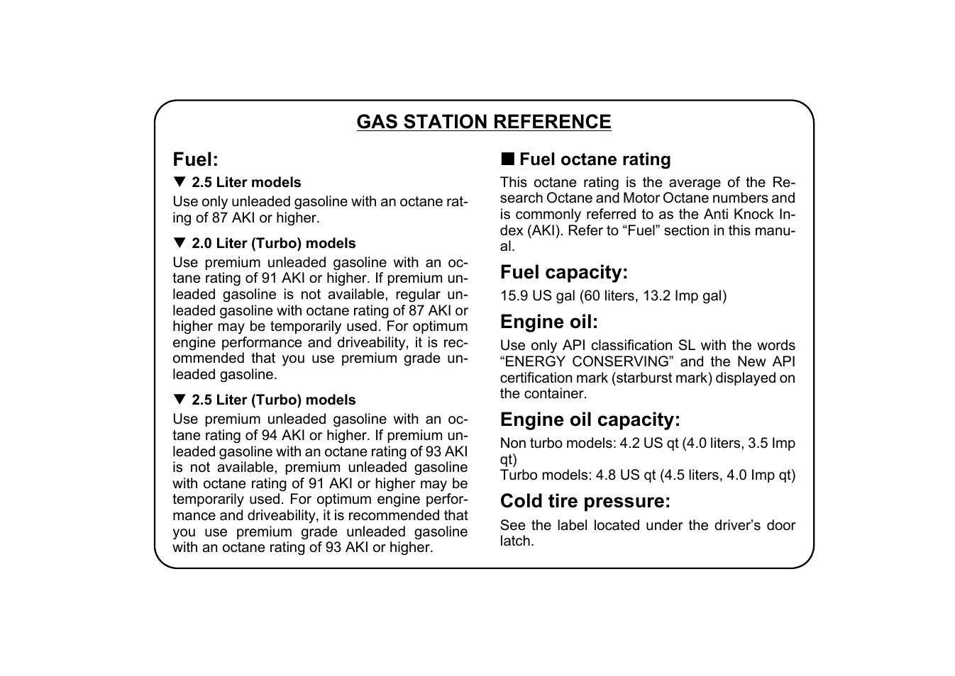 Msa5m0401a_23, Gas station reference fuel, Fuel capacity | Engine oil, Engine oil capacity, Cold tire pressure | Subaru 2004 Impreza User Manual | Page 491 / 491