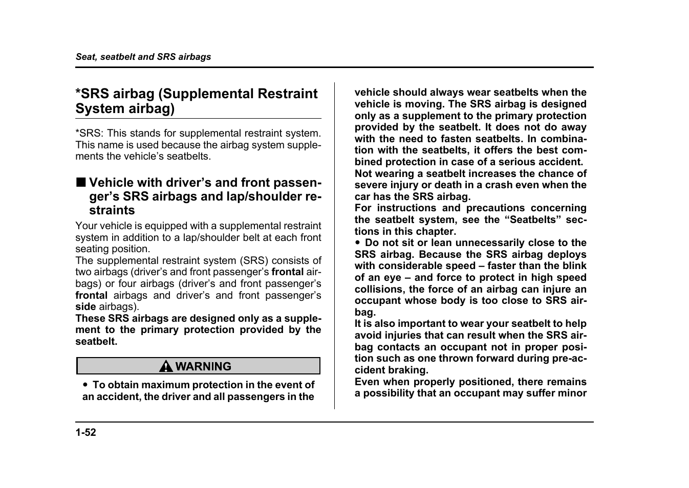 Srs airbag (supplemental restraint system airbag) | Subaru 2004 Impreza User Manual | Page 79 / 491