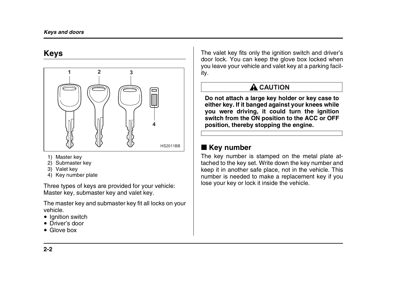 Keys, Key number | Subaru 2004 Forester X User Manual | Page 103 / 439