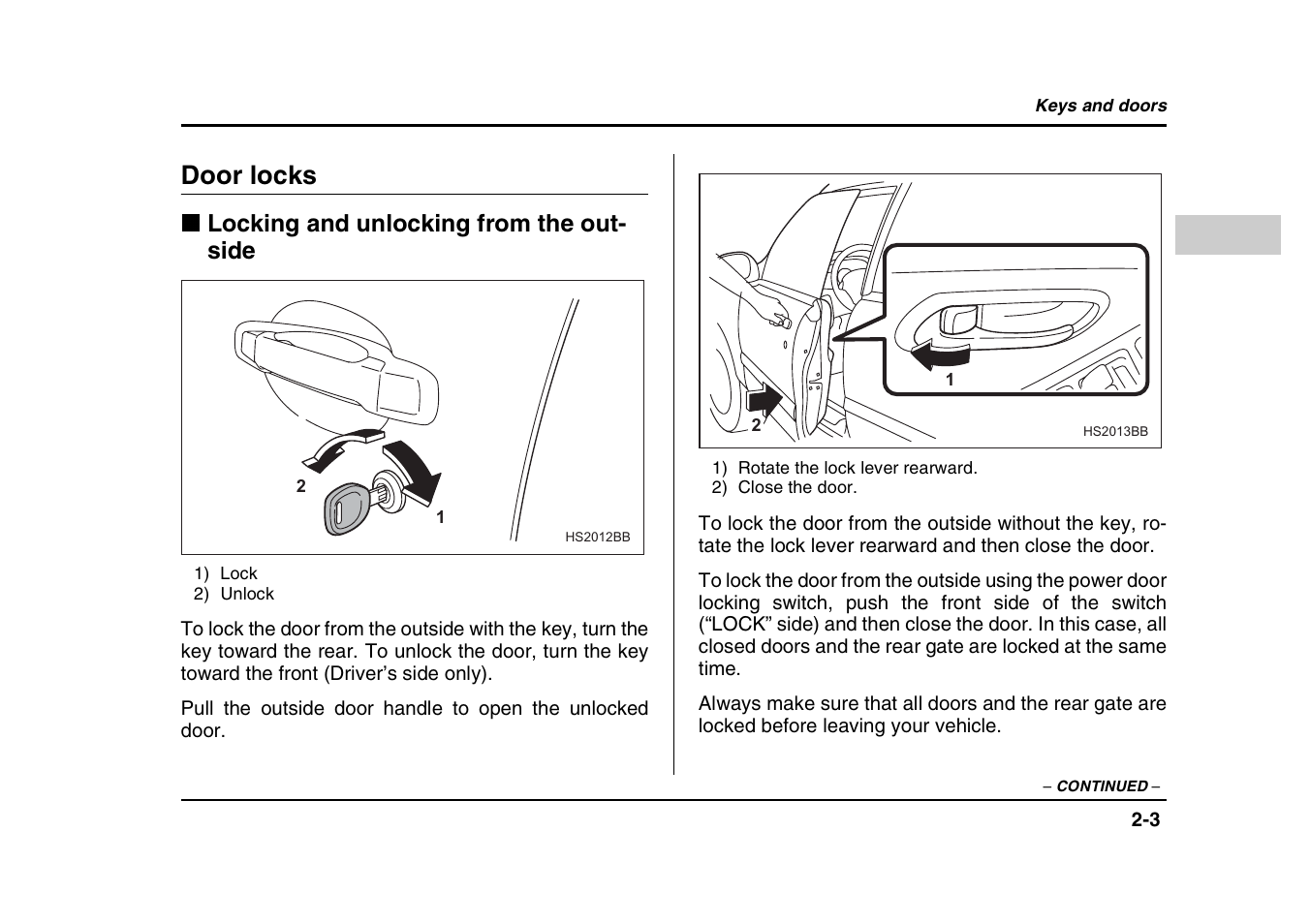 Door locks, Locking and unlocking from the out- side | Subaru 2004 Forester X User Manual | Page 104 / 439