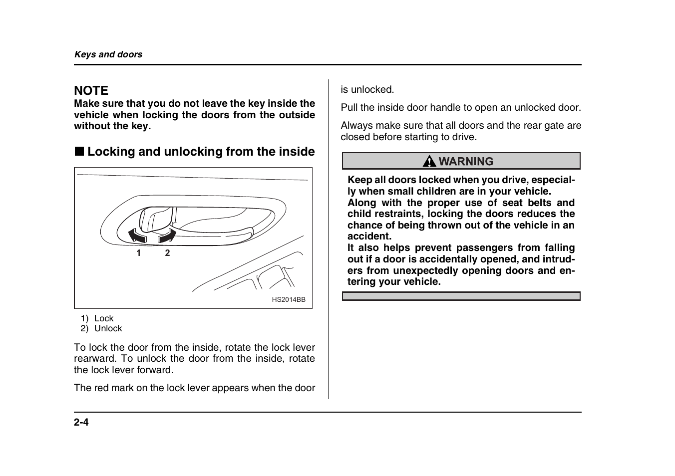 Locking and unlocking from the inside | Subaru 2004 Forester X User Manual | Page 105 / 439