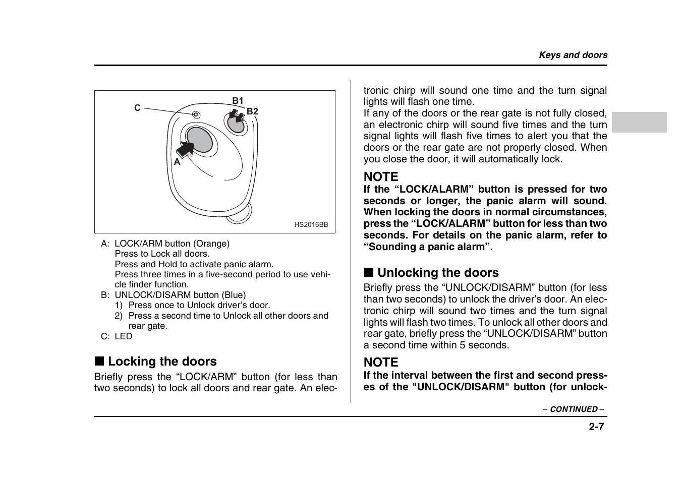 Locking the doors, Unlocking the doors | Subaru 2004 Forester X User Manual | Page 108 / 439