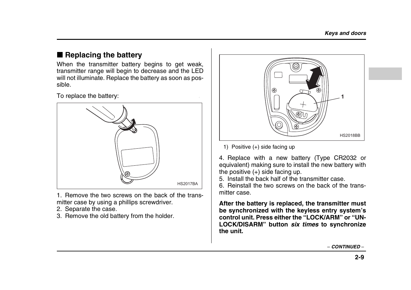 Replacing the battery | Subaru 2004 Forester X User Manual | Page 110 / 439