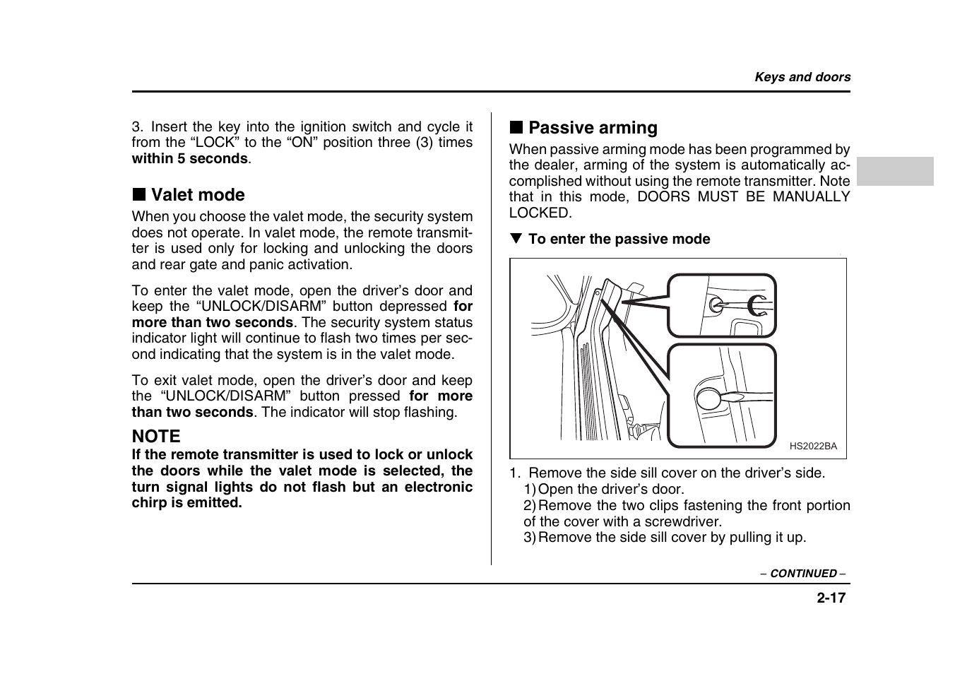 Valet mode, Passive arming | Subaru 2004 Forester X User Manual | Page 118 / 439