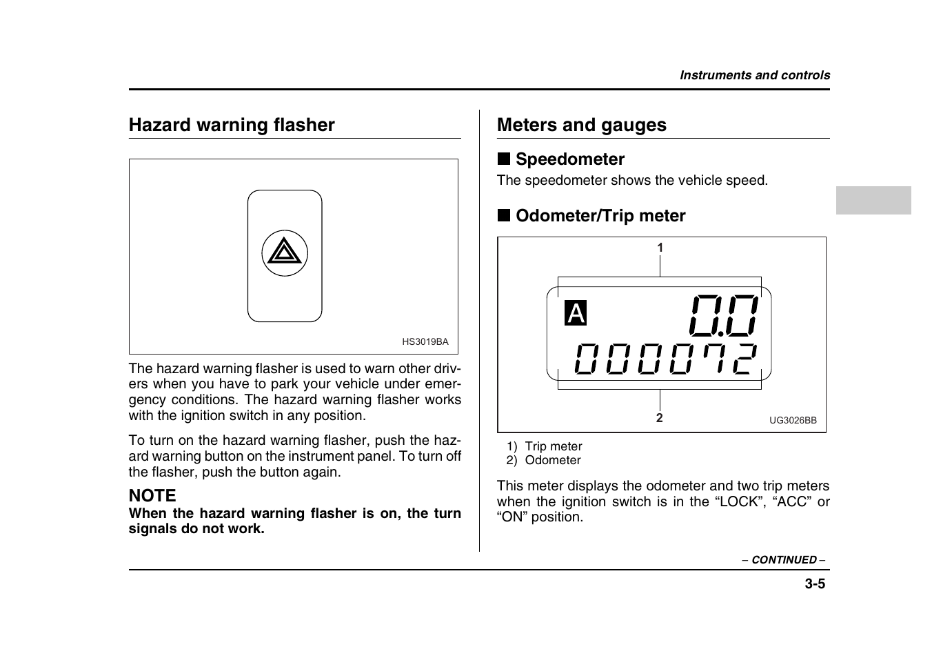 Hazard warning flasher, Meters and gauges | Subaru 2004 Forester X User Manual | Page 134 / 439