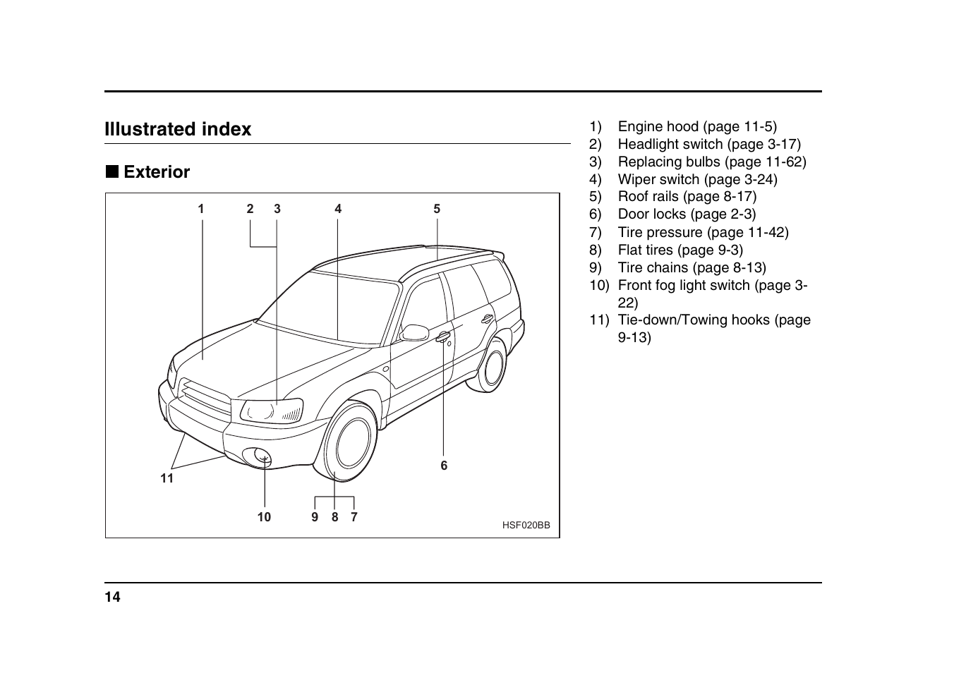 Illustrated index, Exterior | Subaru 2004 Forester X User Manual | Page 17 / 439