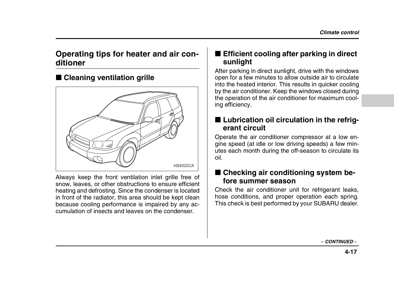 Operating tips for heater and air con- ditioner | Subaru 2004 Forester X User Manual | Page 182 / 439