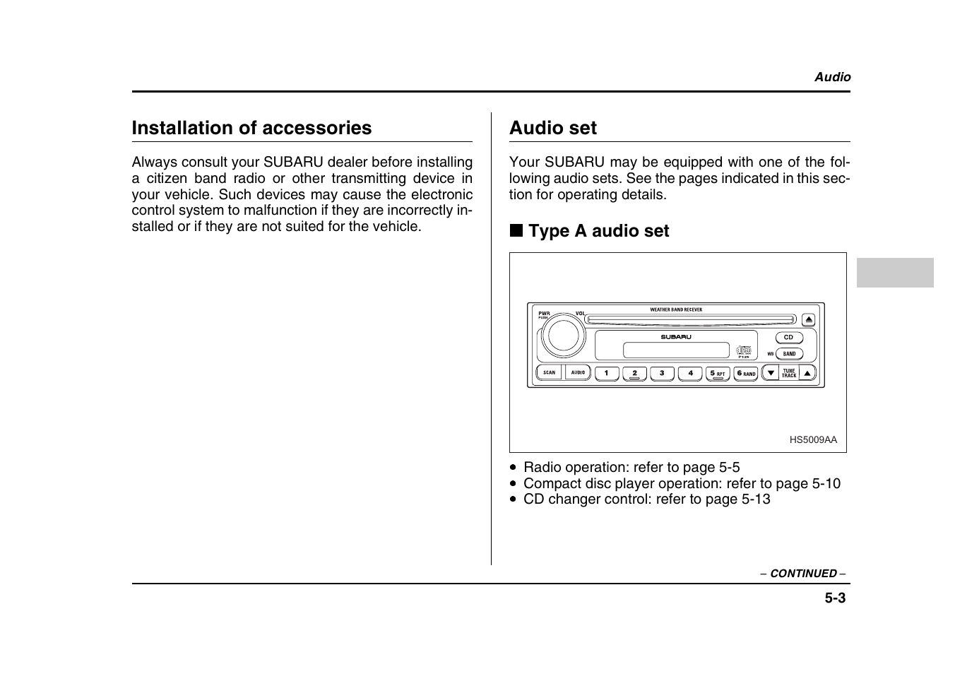 Installation of accessories, Audio set | Subaru 2004 Forester X User Manual | Page 190 / 439
