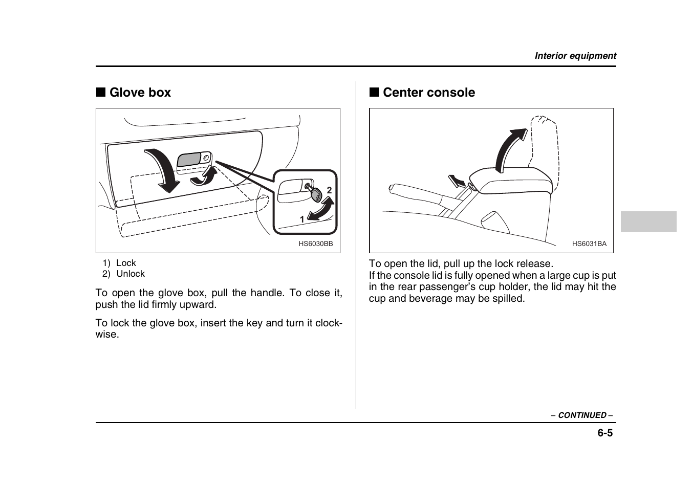 Glove box, Center console | Subaru 2004 Forester X User Manual | Page 224 / 439