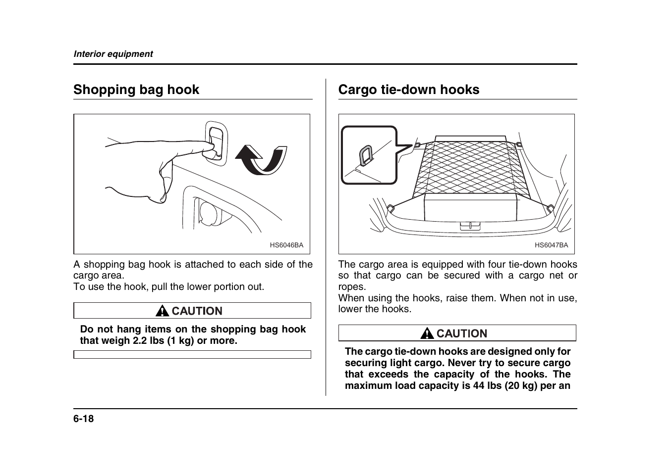 Shopping bag hook, Cargo tie-down hooks | Subaru 2004 Forester X User Manual | Page 237 / 439