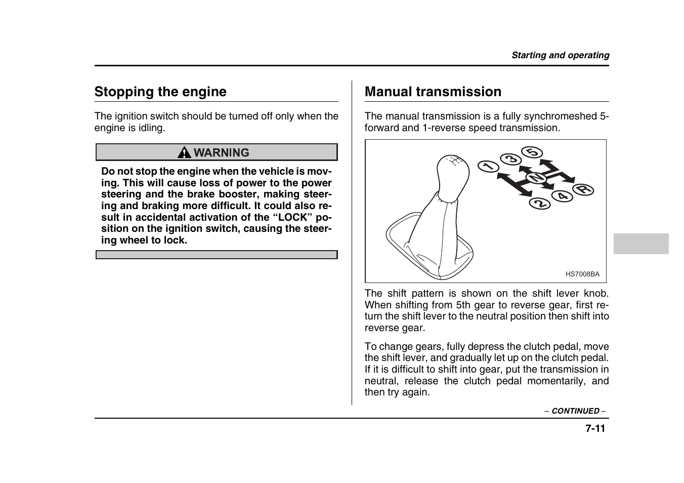 Stopping the engine, Manual transmission | Subaru 2004 Forester X User Manual | Page 252 / 439