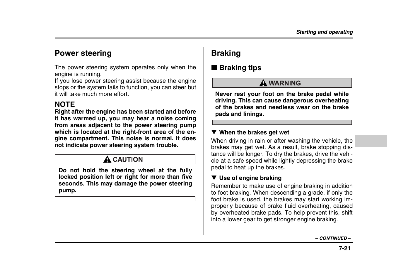 Power steering, Braking | Subaru 2004 Forester X User Manual | Page 262 / 439