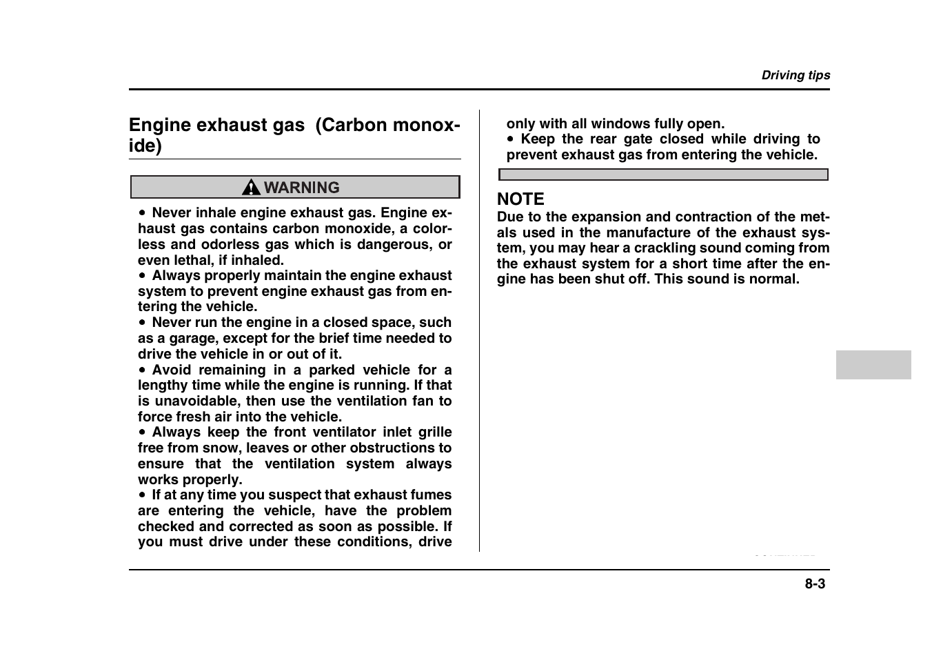 Engine exhaust gas (carbon monox- ide) | Subaru 2004 Forester X User Manual | Page 282 / 439