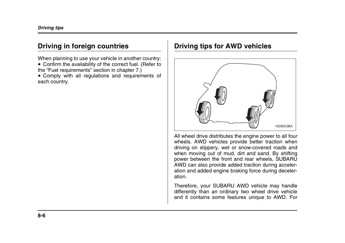 Driving in foreign countries, Driving tips for awd vehicles | Subaru 2004 Forester X User Manual | Page 285 / 439