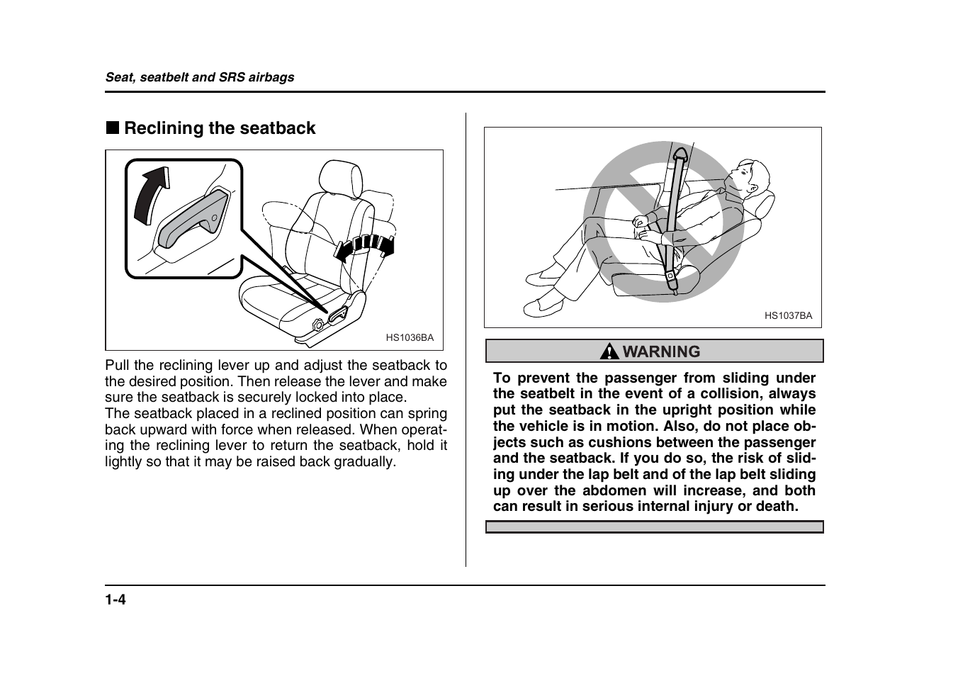 Reclining the seatback | Subaru 2004 Forester X User Manual | Page 31 / 439