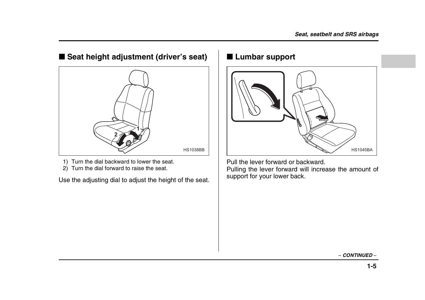 Seat height adjustment (driver’s seat), Lumbar support | Subaru 2004 Forester X User Manual | Page 32 / 439