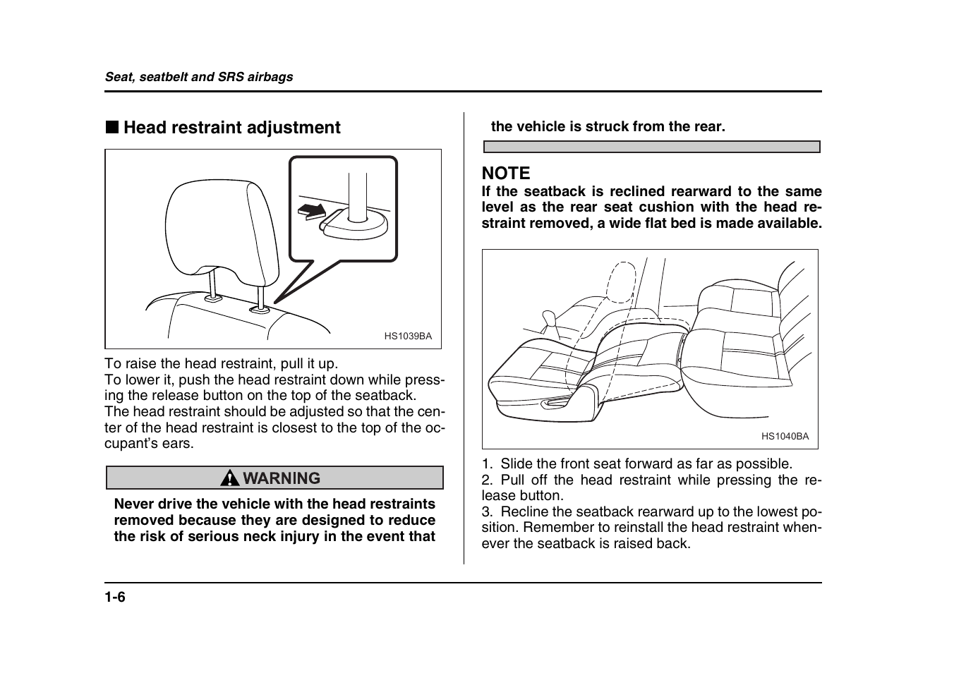 Head restraint adjustment | Subaru 2004 Forester X User Manual | Page 33 / 439