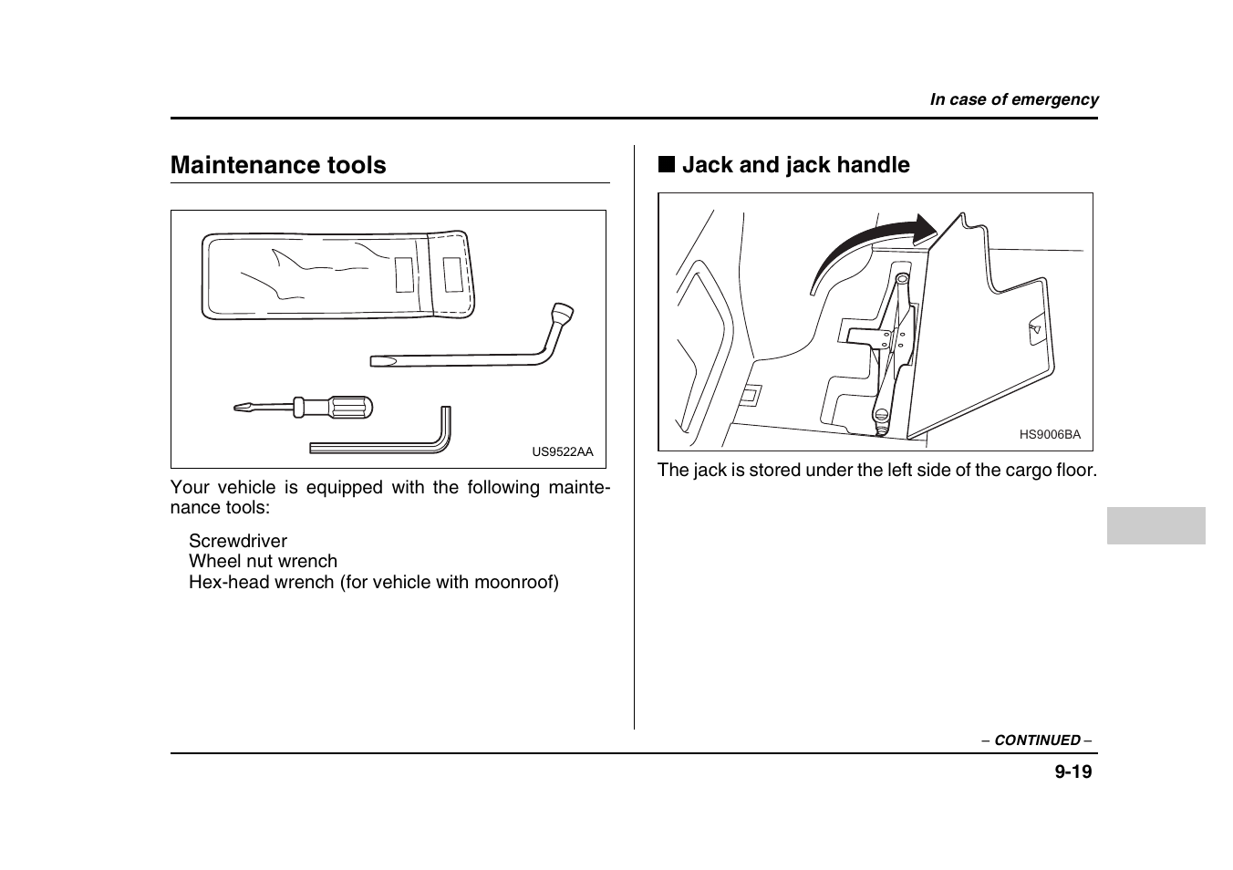 Maintenance tools, Jack and jack handle | Subaru 2004 Forester X User Manual | Page 334 / 439