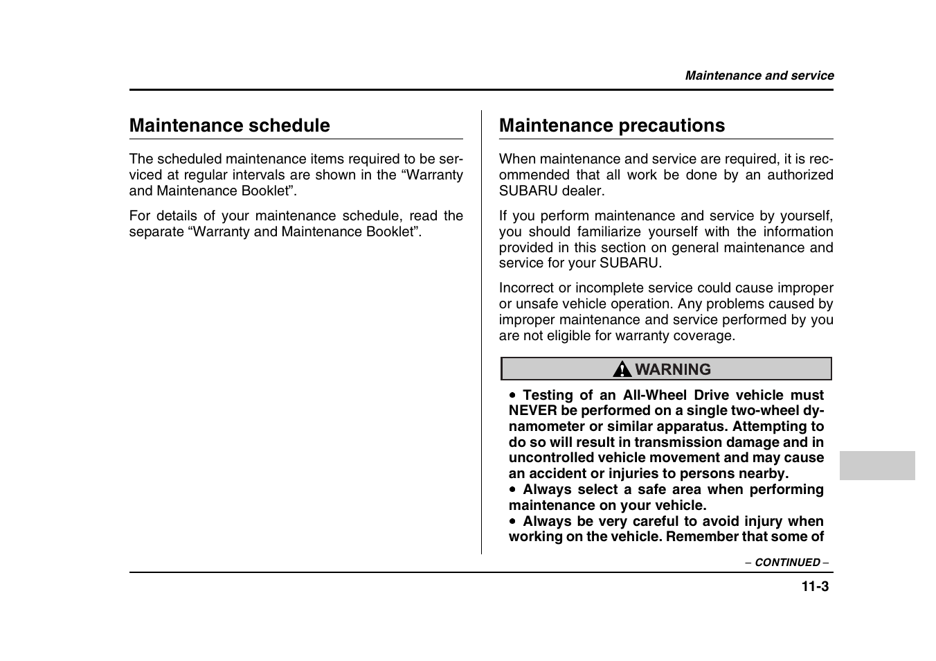 Maintenance schedule, Maintenance precautions | Subaru 2004 Forester X User Manual | Page 346 / 439