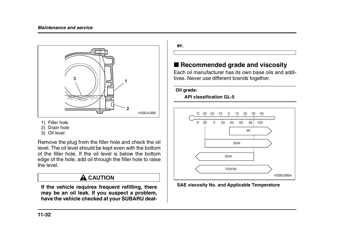 Recommended grade and viscosity | Subaru 2004 Forester X User Manual | Page 375 / 439