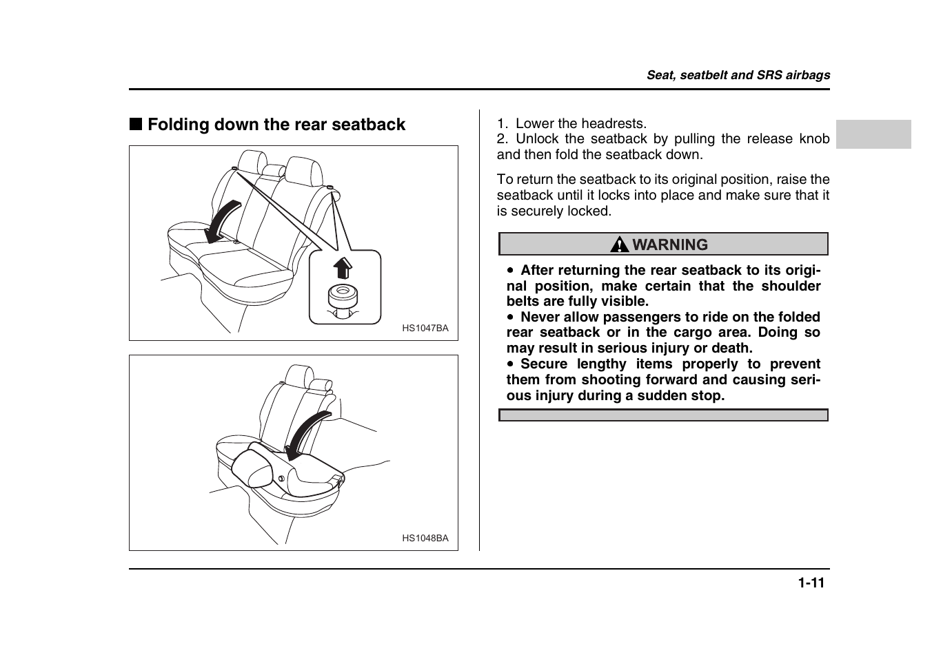 Folding down the rear seatback | Subaru 2004 Forester X User Manual | Page 38 / 439