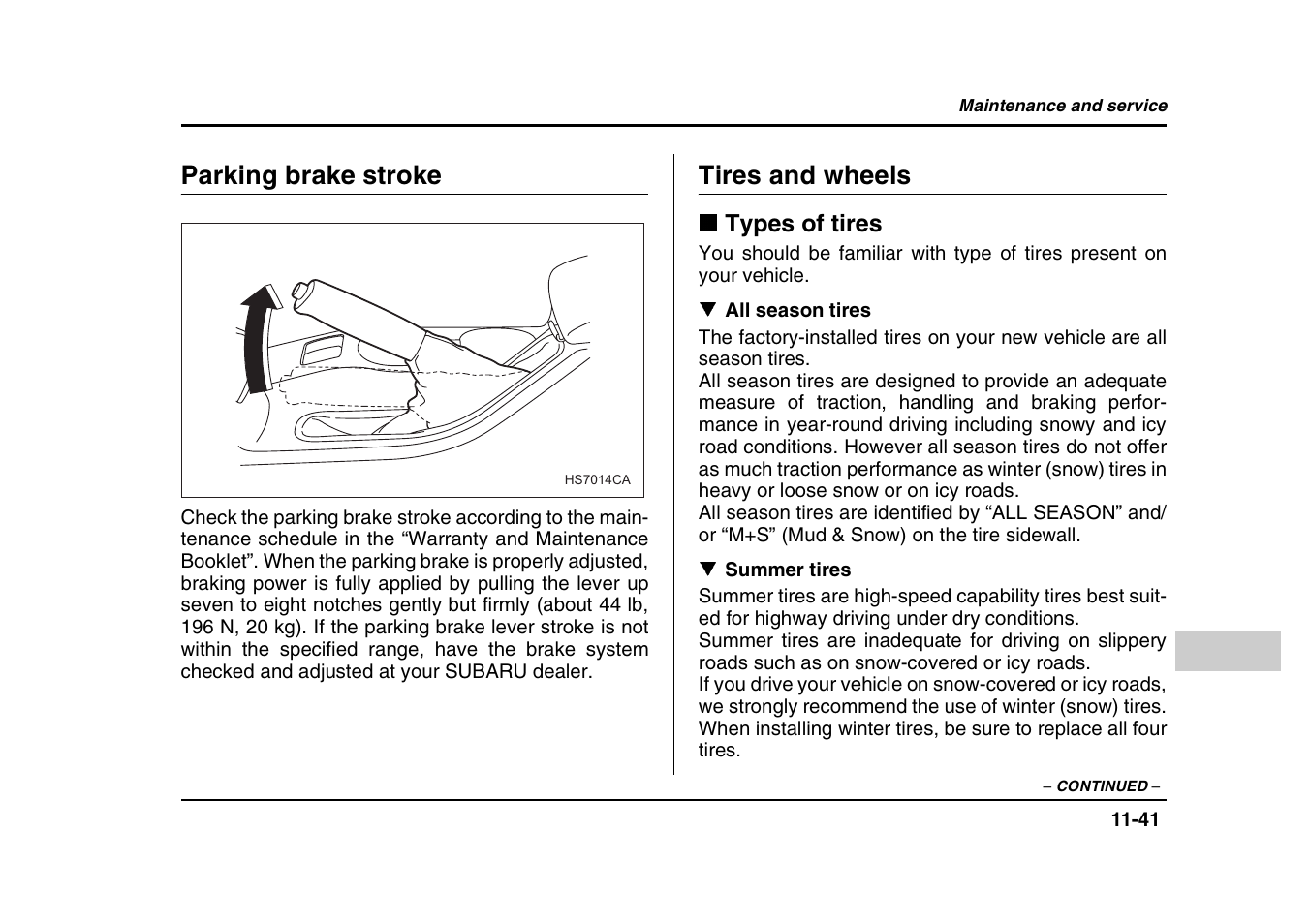 Parking brake stroke, Tires and wheels | Subaru 2004 Forester X User Manual | Page 384 / 439