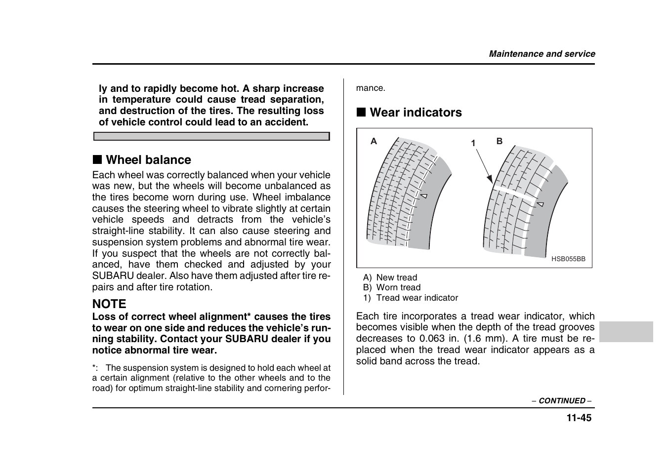 Wheel balance, Wear indicators | Subaru 2004 Forester X User Manual | Page 388 / 439