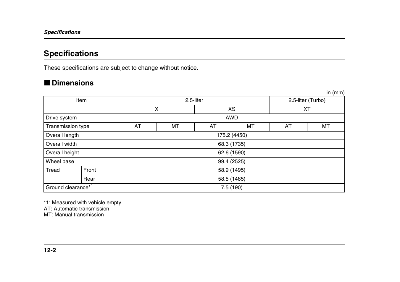 Specifications, Dimensions | Subaru 2004 Forester X User Manual | Page 417 / 439