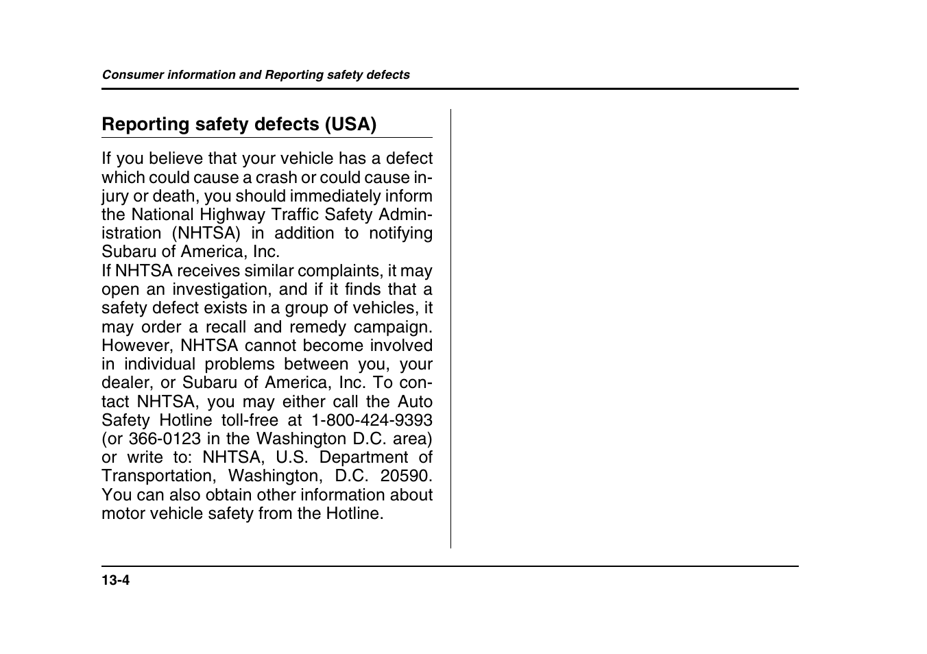 Reporting safety defects (usa) | Subaru 2004 Forester X User Manual | Page 429 / 439