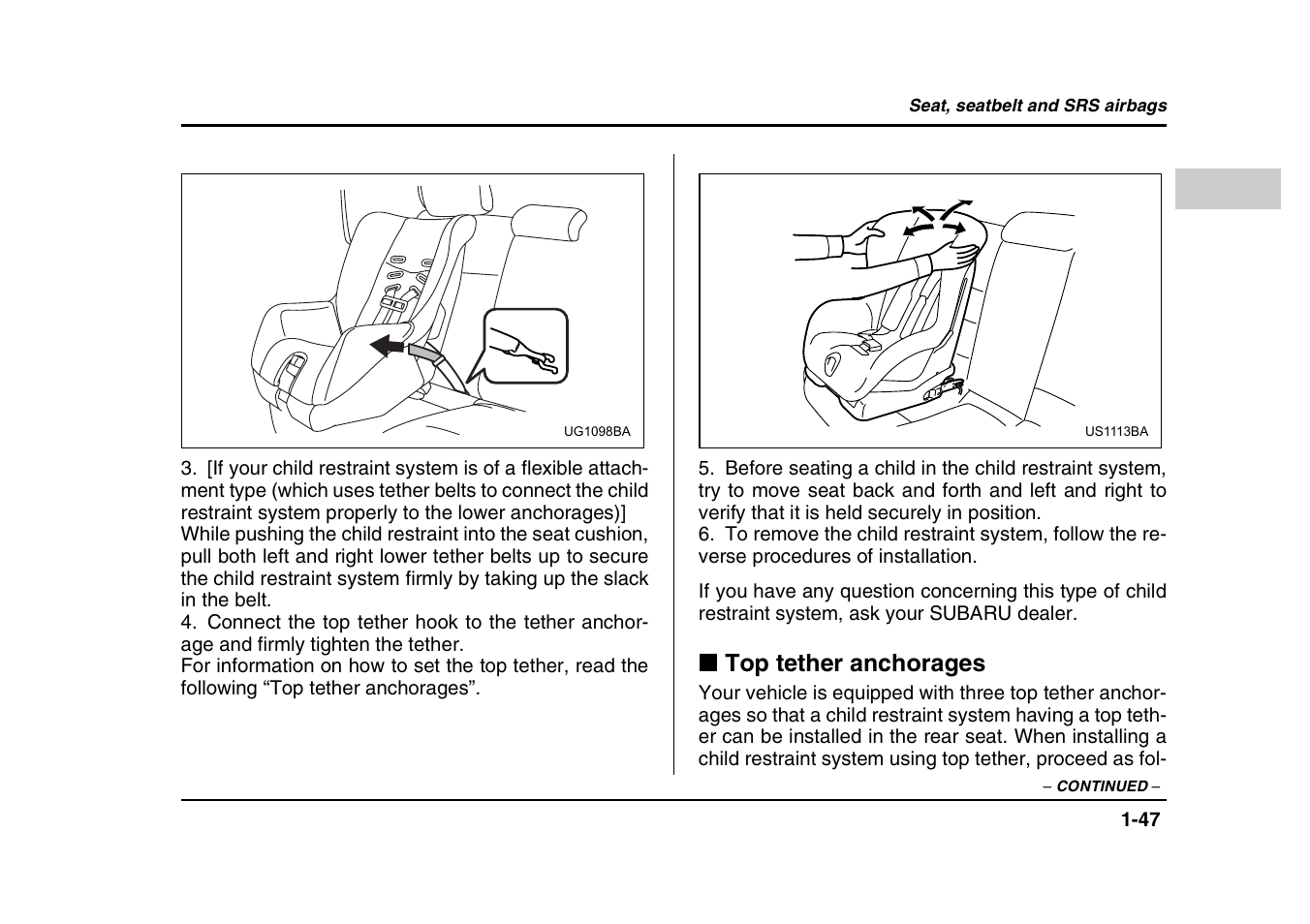Top tether anchorages | Subaru 2004 Forester X User Manual | Page 74 / 439