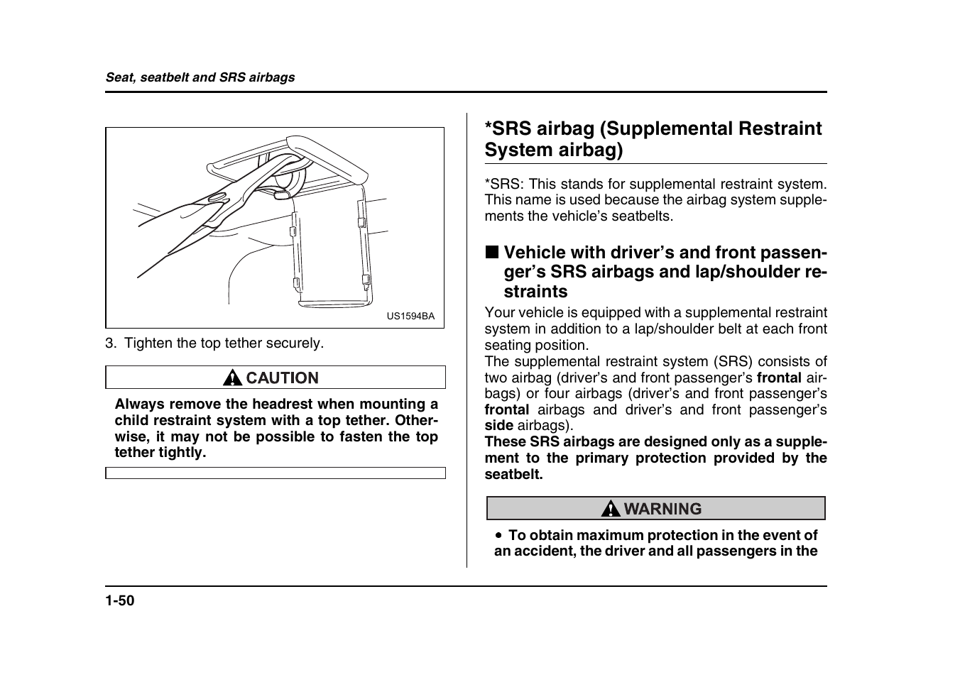 Srs airbag (supplemental restraint system airbag) | Subaru 2004 Forester X User Manual | Page 77 / 439