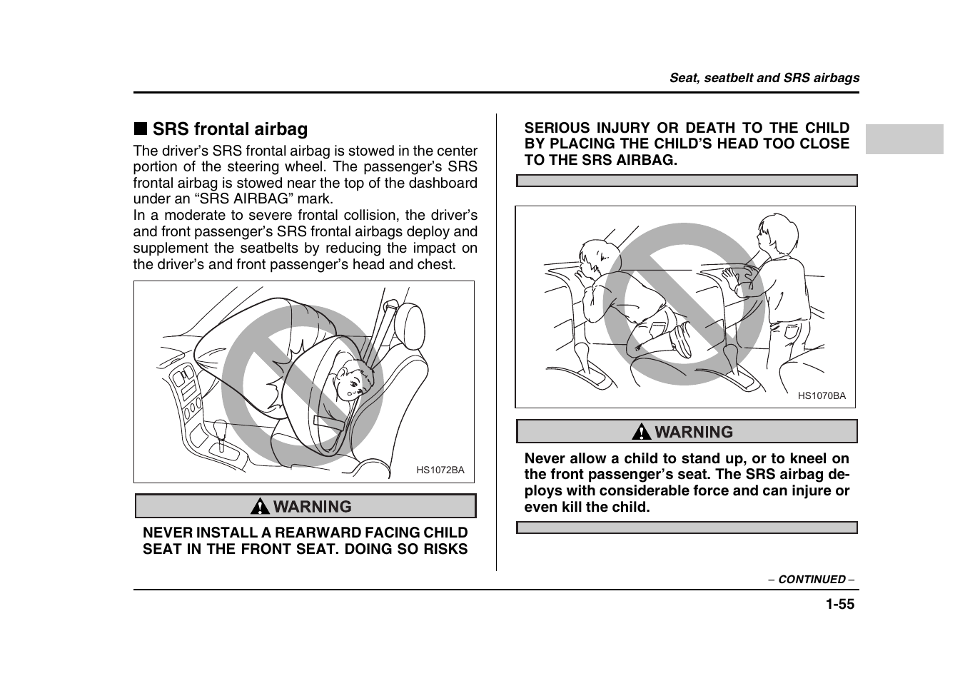 Srs frontal airbag | Subaru 2004 Forester X User Manual | Page 82 / 439