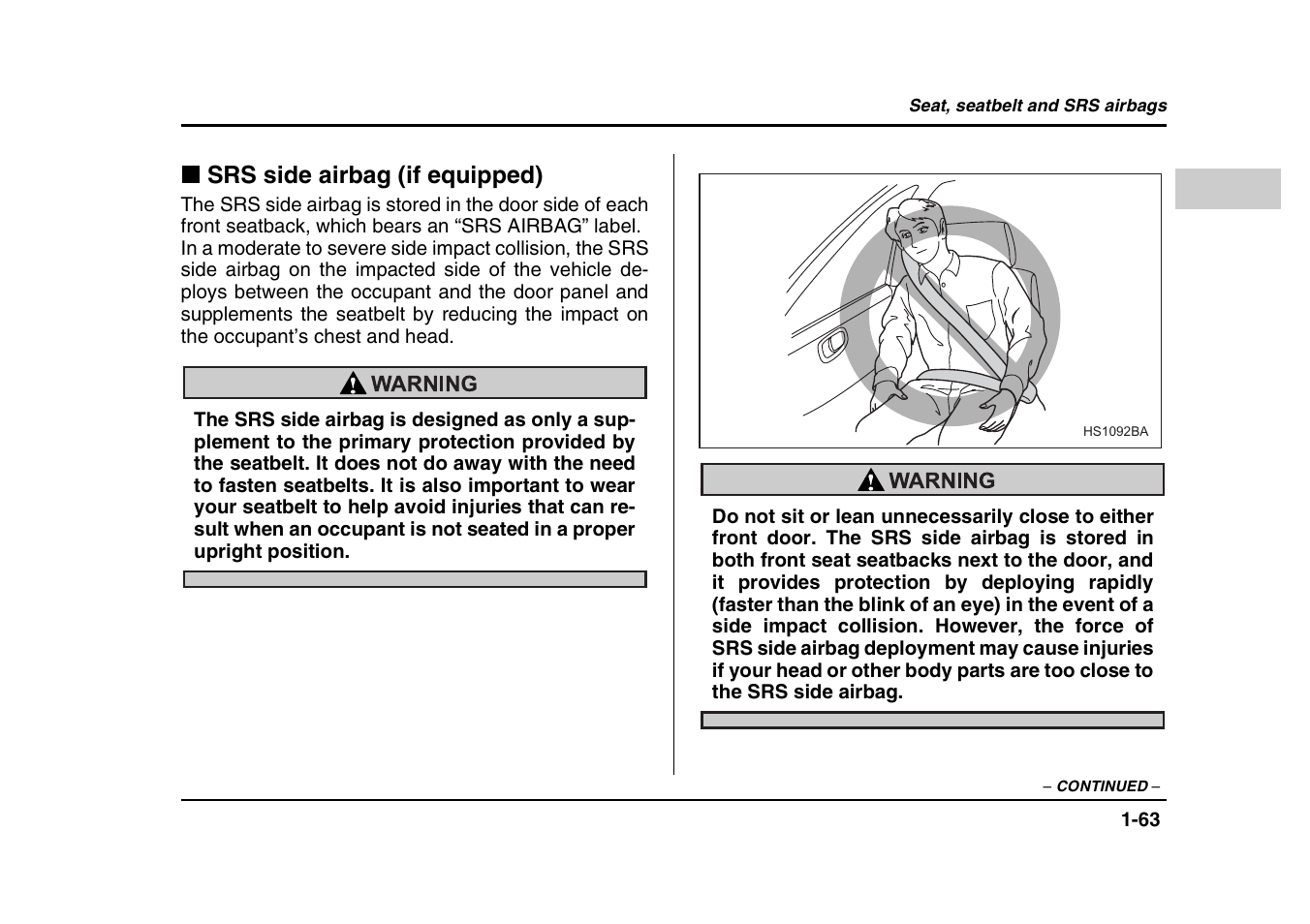 Srs side airbag (if equipped) | Subaru 2004 Forester X User Manual | Page 90 / 439