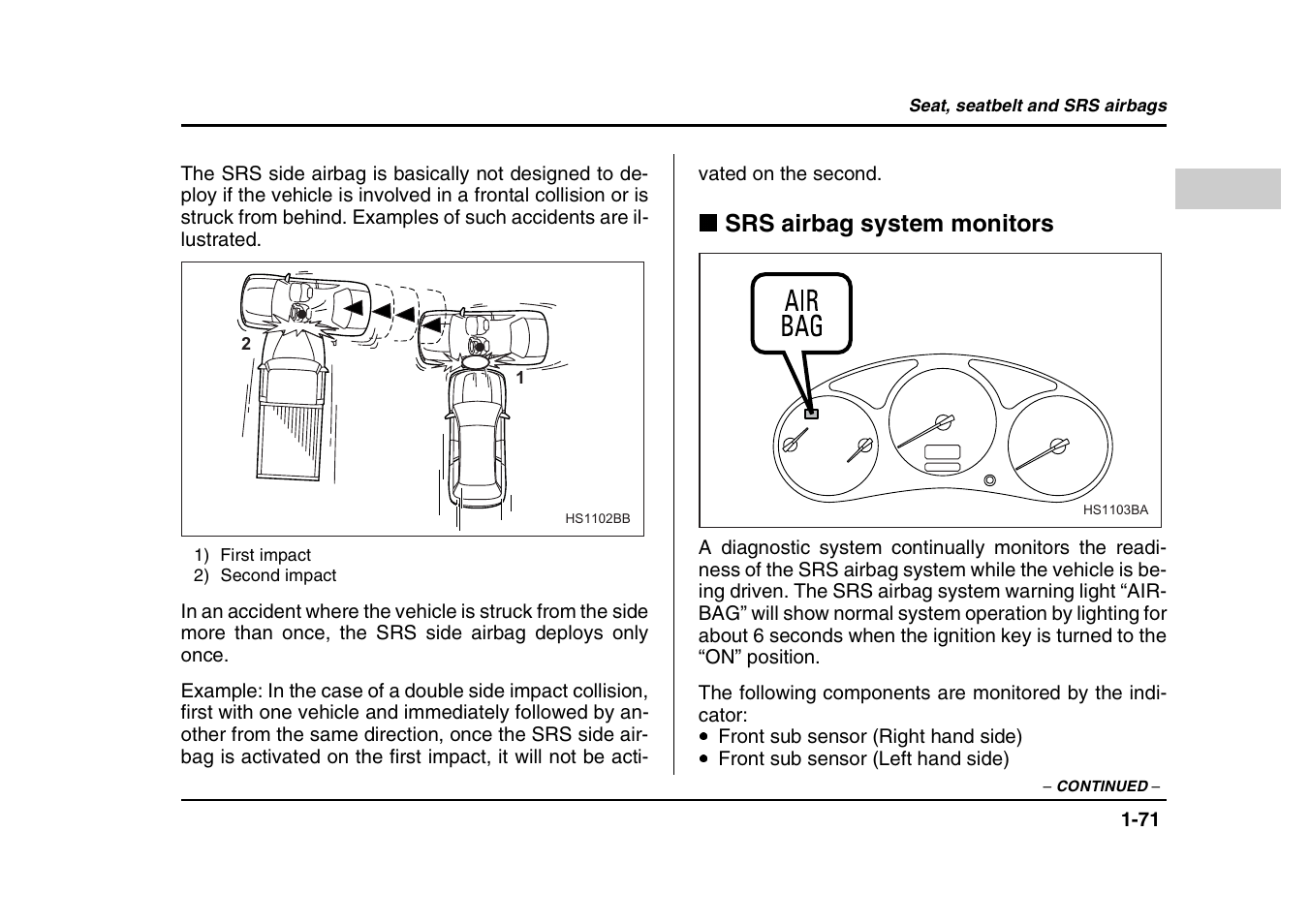 Srs airbag system monitors | Subaru 2004 Forester X User Manual | Page 98 / 439