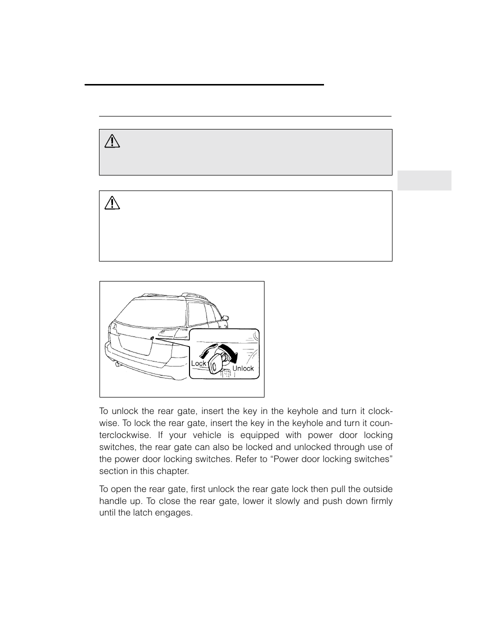 Warning, Caution, Rear gate (station wagon) | Subaru 2003 Legacy User Manual | Page 119 / 472