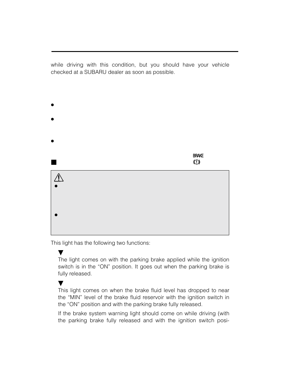Warning, Jbrake system warning light | Subaru 2003 Legacy User Manual | Page 140 / 472
