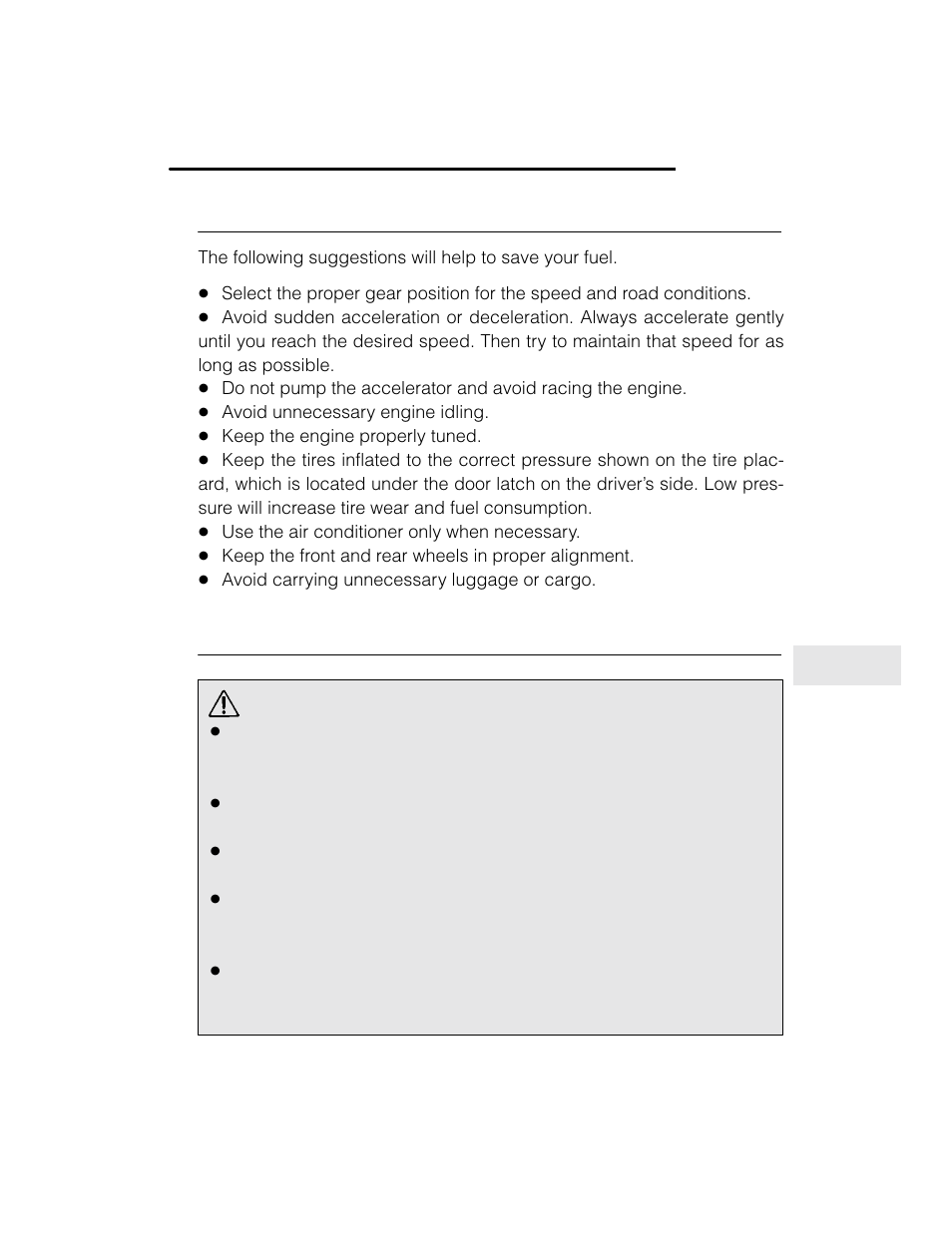 Warning, Fuel economy hints, Engine exhaust gas (carbon monoxide) | Subaru 2003 Legacy User Manual | Page 301 / 472