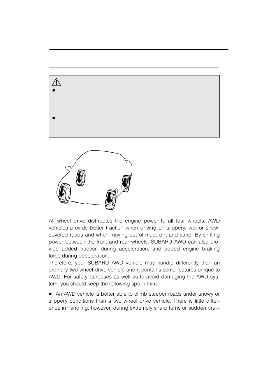 Warning, Driving tips for awd vehicles | Subaru 2003 Legacy User Manual | Page 304 / 472