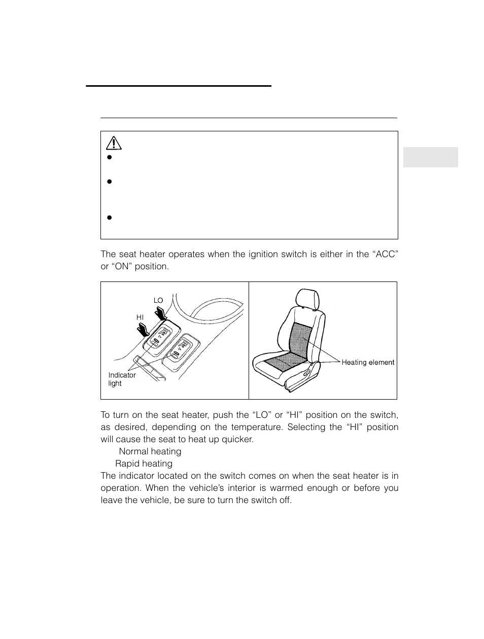 Caution, Seat heater (if equipped) | Subaru 2003 Legacy User Manual | Page 33 / 472