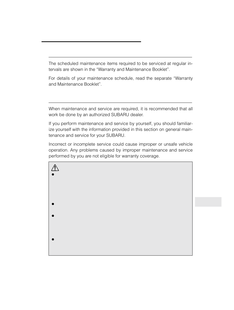 Warning, Maintenance schedule, Maintenance precautions | Subaru 2003 Legacy User Manual | Page 375 / 472