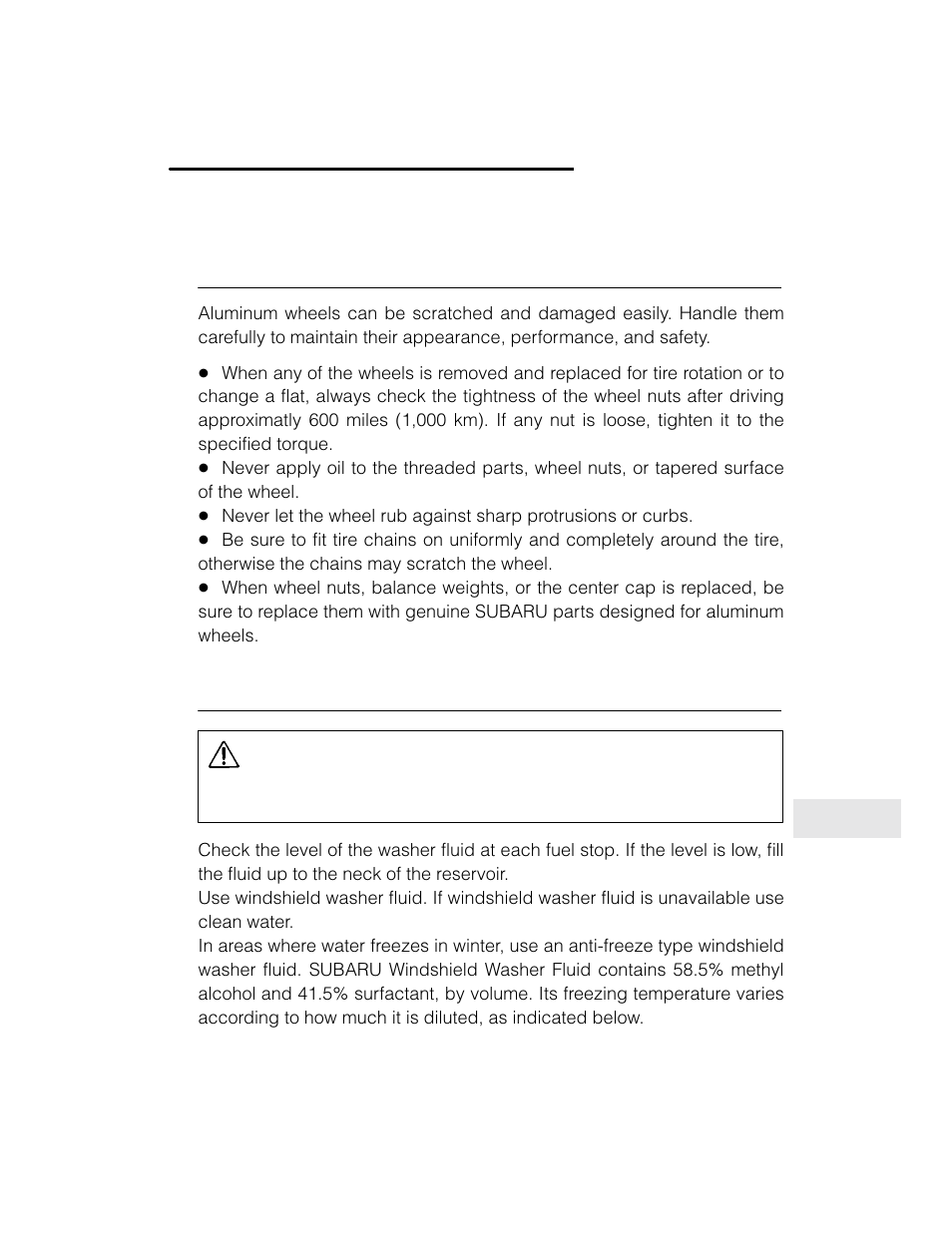 Caution, Aluminum wheels (if equipped), Windshield washer fluid | Subaru 2003 Legacy User Manual | Page 419 / 472