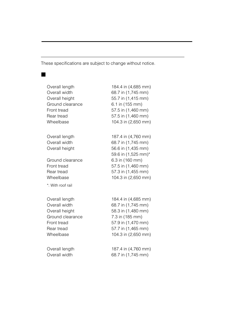 Specifications, Jdimensions | Subaru 2003 Legacy User Manual | Page 442 / 472