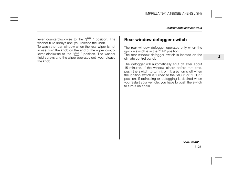 Rear window defogger switch | Subaru 2003 Impreza User Manual | Page 146 / 425