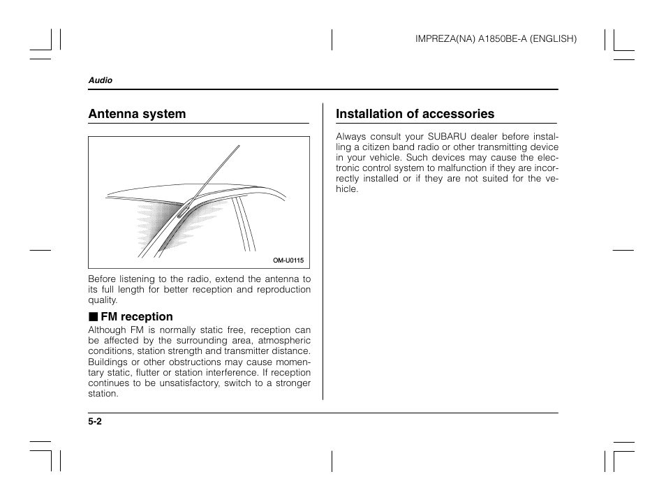 Antenna system, Installation of accessories | Subaru 2003 Impreza User Manual | Page 169 / 425
