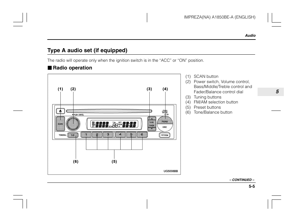 Type a audio set (if equipped) | Subaru 2003 Impreza User Manual | Page 172 / 425