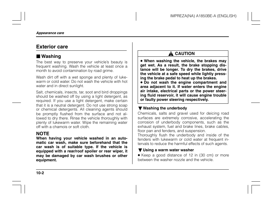 Exterior care | Subaru 2003 Impreza User Manual | Page 319 / 425