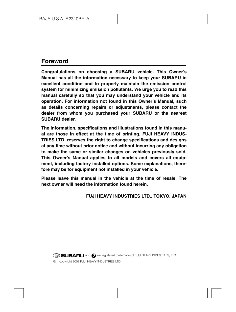 Subaru 2003 Baja User Manual | 400 pages