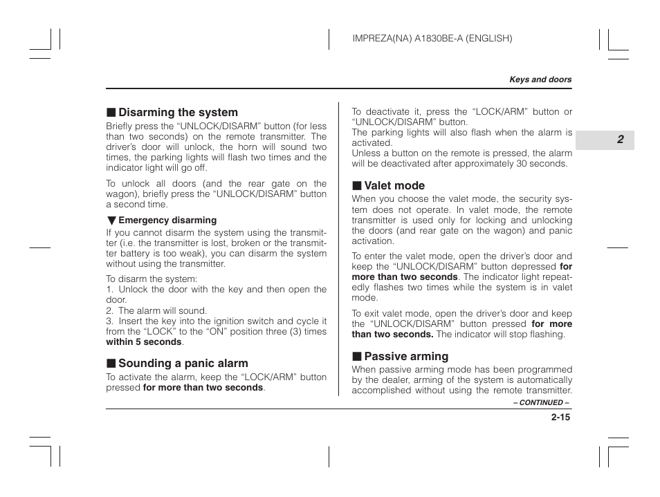 Disarming the system, Sounding a panic alarm, Valet mode | Passive arming | Subaru 2002 Impreza User Manual | Page 100 / 390
