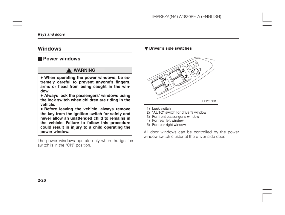 Windows, Power windows | Subaru 2002 Impreza User Manual | Page 105 / 390