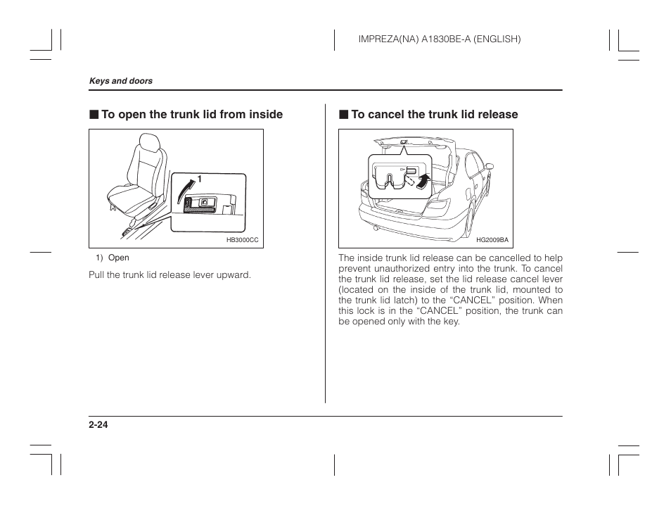 To open the trunk lid from inside, To cancel the trunk lid release | Subaru 2002 Impreza User Manual | Page 109 / 390
